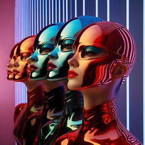 6 vrouwen met 3D parametrische fluorescerende plastic maskers in een surrealistische en parametrische toekomstarchitectuur, 3