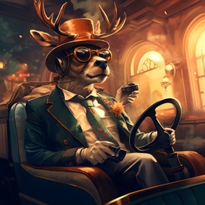 Een hert met een sigaar in zijn mond die een cabriolet bestuurt 3