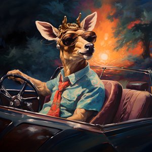 Een hert met een sigaar in zijn mond die een cabriolet bestuurt 4
