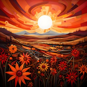 Abstract landschap met een veld wilde bloemen en een gedurfde rode zon 4