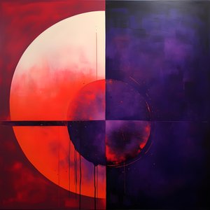 Abstract schilderij van een paarse cirkel en een rode cirkel 3
