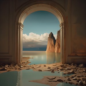een afbeelding van een ongebruikte kamer met een enorm meer en woestijn in een grote kuil futurecore, hoog contrast chiaroscuro warme tinten 1