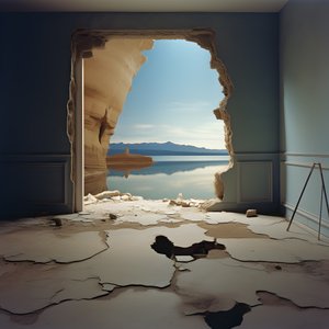 een afbeelding van een ongebruikte kamer met een enorm meer en woestijn in een grote kuil futurecore, hoog contrast chiaroscuro warme tinten 2