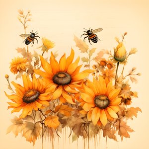 Aquarel zonnebloemen en bijen silhouetten met handgeschreven herfstgedichten 2