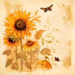 Aquarel zonnebloemen en bijen silhouetten met handgeschreven herfstgedichten 3