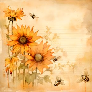 Aquarel zonnebloemen en bijen silhouetten met handgeschreven herfstgedichten 4