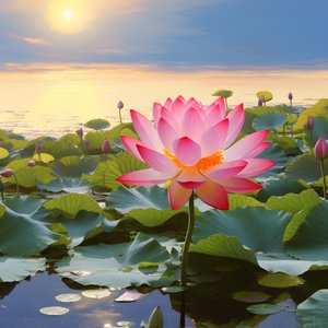 Op het heldere wateroppervlak bloeien grote en mooie lotus bloemen, groene lotusbladeren en dauw op de lotus bloemen. De zonsondergang schijnt op het wateroppervlak 2