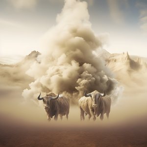 Een fractaal abstract canvas schilderij, beige-witte rooktextuur. 3 zwarte stieren die uit de rook verschijnen, met de berg Ararat aan de horizon. Houdingen herinneren aan stieren op Wall Street in New York.