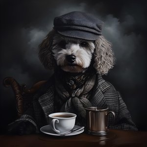 Een gecultiveerde poedel drinkt een kopje thee, draagt een coltrui en een platte pet, rokerige achtergrond 2