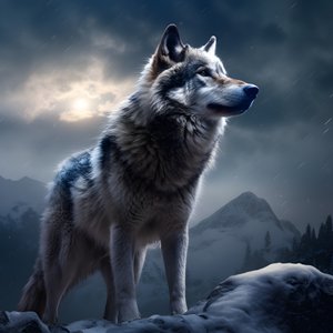 een majestueuze grijze wolf op een met sneeuw bedekte bergtop 4
