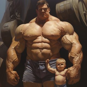 Intimiderende en gemene gewichtheffer Steroïde Freak buff baby met gigantische gespierde man 2