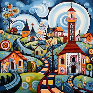 Schilderij van een Bulgaars dorp, orthodoxe kerk 1
