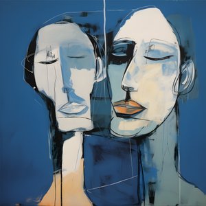 Schilderij van twee hoofden voor blauwe achtergrond 2
