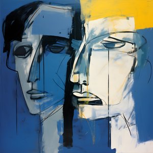 Schilderij van twee hoofden voor blauwe achtergrond 4