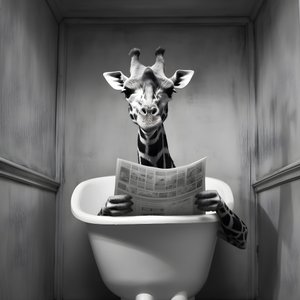 Gelukkige giraffe zit op toilet met krant 1