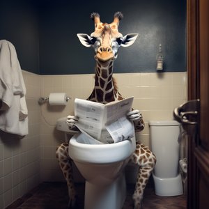 Gelukkige giraffe zit op toilet met krant 4