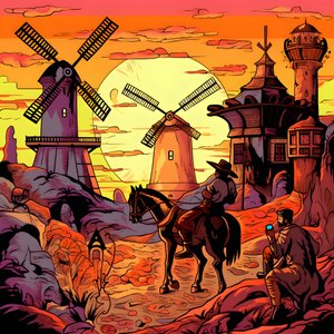 Don Quijote op zijn ezel voor windmolens 3