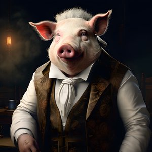 Koude en heerszuchtige antropomorfe varkensplantage-eigenaar, priemende ogen, dikke mollige lichaam, sigaar in de hand, exquise chique zuidelijke witte pak en vest, zakhorloge aan een ketting, monocle, witte vilthoed, close-up 4