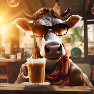 Koe met zonnebril en kijkend naar koude koffie 4