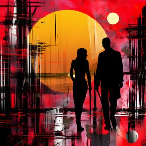 Man in rood, vrouw in oranje en zwart