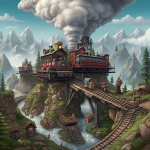 Mini-trein met 3 wagons en 1900 locomotief met 6 kinderen die op de trein spelen 3