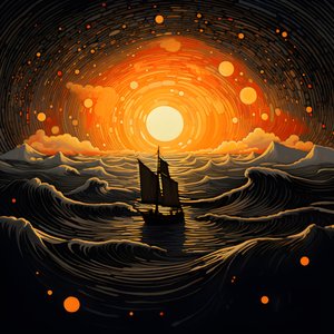 zonsondergang, oranje-gele zon, wolken, vijf roterende cirkels van wolken in een grote hemel, puntvormige golven en oranje-gele zonsondergangwolken die zich op de golven spiegelen, een boot vaart de zee op 3