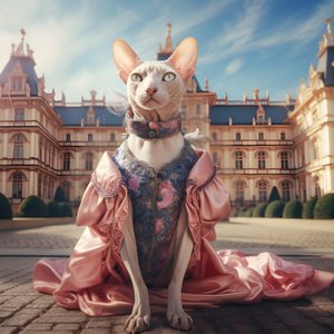 Sphynx-kat in baljurk voor de achtergrond van een prachtig paleis in middeleeuwse stijl 1