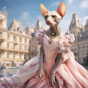 Sphynx-kat in baljurk voor de achtergrond van een prachtig paleis in middeleeuwse stijl 2