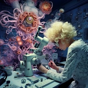 Super-resolutie elektronenmicroscoop opname van vrouw in de artistieke stijl van David LaChapelle 1