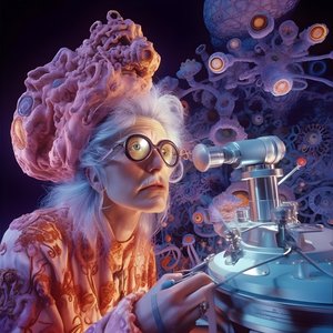Super-resolutie elektronenmicroscoop opname van vrouw in de artistieke stijl van David LaChapelle 2
