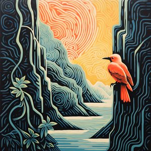 Ultra-minimalistische illustratie van een kleurrijke tropische vogel die op een vertakte plant zit voor een bergbeek met een mooie waterval 2