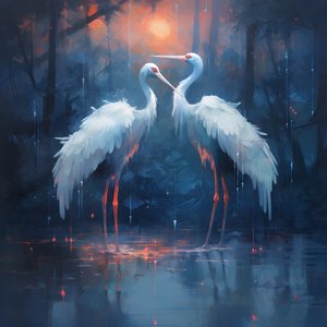 prachtig, schitterend, filmisch schilderij, twee kraanvogels kussen in de regen 2