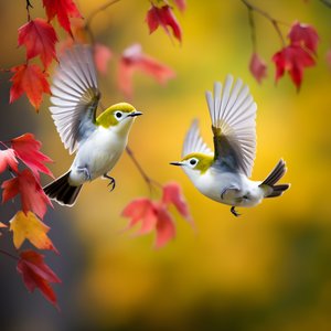 Twee superschattige groene brilvogels spreiden hun vleugels en vliegen in de herfstige esdoornbladeren 2