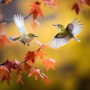 Twee superschattige groene brilvogels spreiden hun vleugels en vliegen in de herfstige esdoornbladeren 3