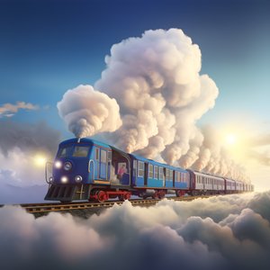 een snel bewegende sociale media trein die door de wolken vliegt aan een draadje 2
