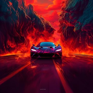 een luxe auto rijdt over een pad met gloeiend rood op de achtergrond 3
