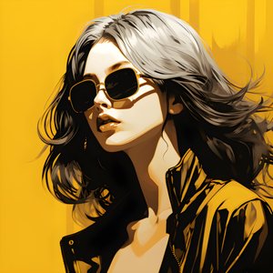 een illustratie van een meisje met gele zonnebril, haar in het gezicht en oren, in de stijl van film noir esthetiek 2