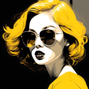 een illustratie van een meisje met gele zonnebril, haar in het gezicht en oren, in de stijl van film noir esthetiek 4