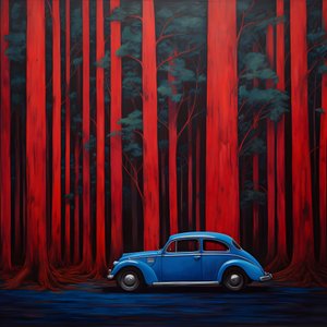 blauwe auto in een rood bos