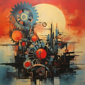 tandwielen en gereedschappen abstracte zonsopgang 1950s 2