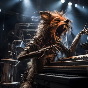 enge, harige, kapotte dierlijke animatronics die muziek uitvoeren op een podium 2