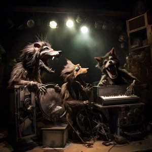 enge, harige, kapotte dierlijke animatronics die muziek uitvoeren op een podium 3
