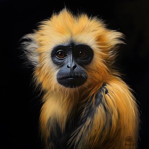 Een schilderij van het gezicht van een gouden langoer met zwarte achtergrond 3