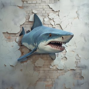een blauwe haai met geschilderd gezicht op een oude muur 1