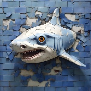 een blauwe haai met geschilderd gezicht op een oude muur 2