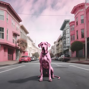 een roze hond midden in de stad San Francisco 1