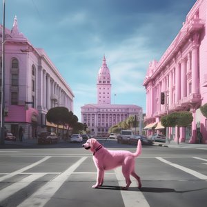 een roze hond midden in de stad San Francisco 3