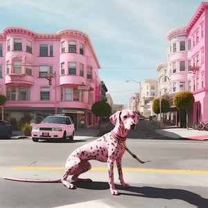 een roze hond midden in de stad San Francisco 4