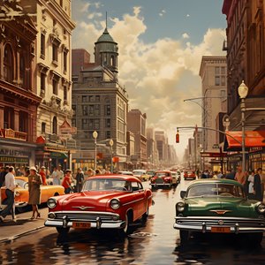 Een stad in de jaren 50 met rode auto
