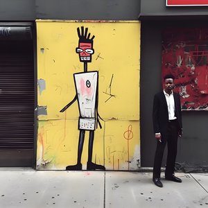 Een geschilderd figuur komt tot leven terwijl het door een straat in New York loopt, surrealistische foto